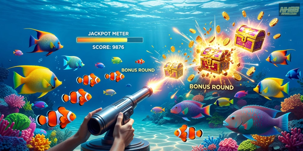 Minh họa khái niệm bắn cá nổ hũ nh88 với giao diện game sống động