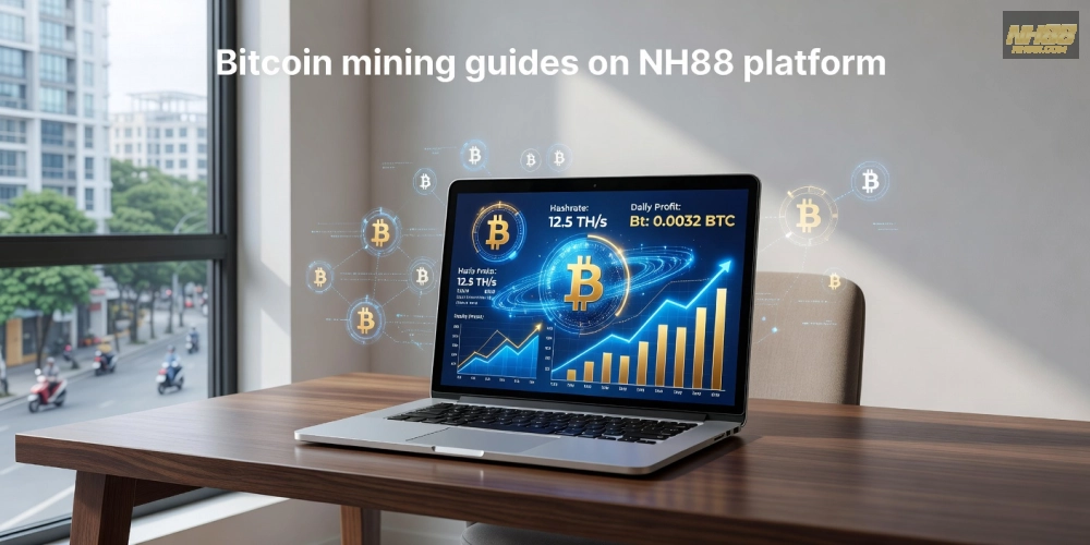 Hình minh họa khái niệm đào Bitcoin trên nền tảng NH88 với biểu đồ lợi nhuận