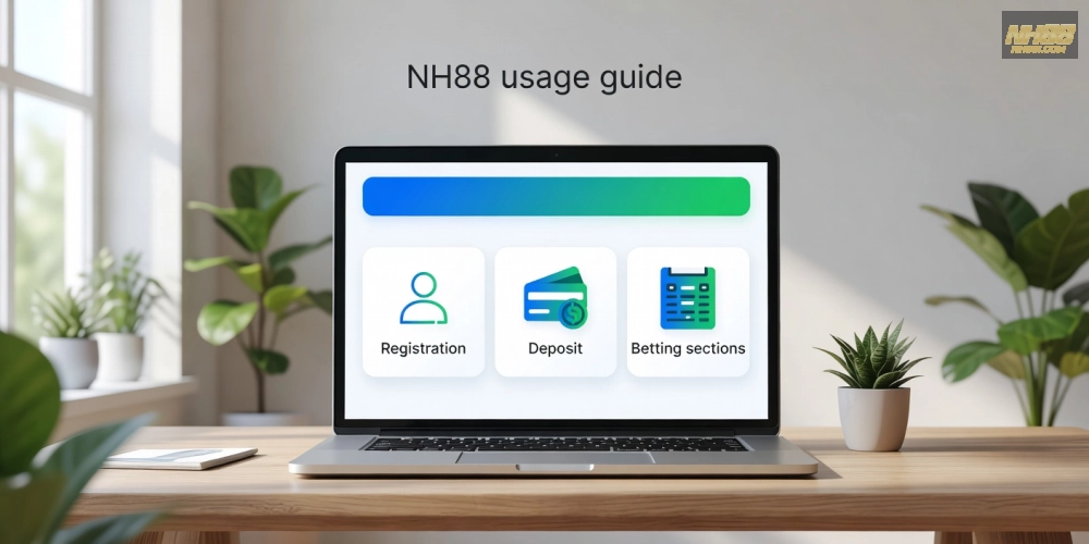 Minh họa khái niệm hướng dẫn sử dụng NH88 với giao diện nền tảng thân thiện và các bước cơ bản