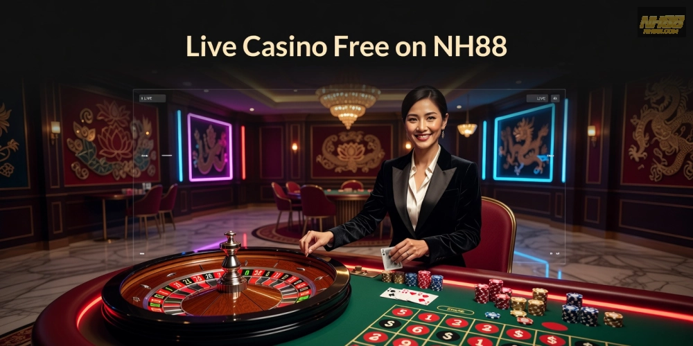 Minh họa khái niệm live casino free nh88 với dealer chuyên nghiệp và bàn chơi trực tuyến